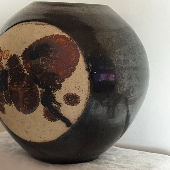 Studio Art Pottery Vase 8" Orb Sphere Shaped Brown Glazed Vtg RARE - Picture 7 of 16